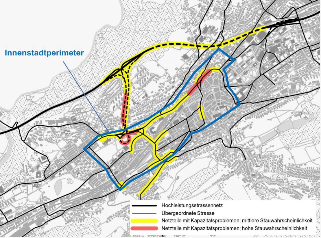Das städtischen Strassennetz von St.Gallen mit kapazitätskritischen Abschnitten